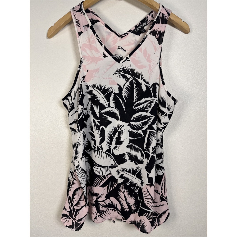 Express Women's L Pink & Black Tropical Sleeveless Crossover Open Back Top Shirt